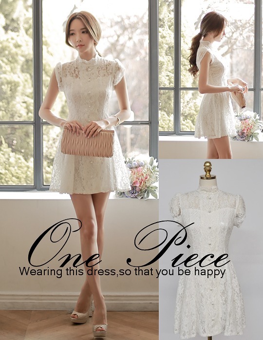 Club Forest 半袖ワンピース 総レースワンピース フレアワンピース ミニワンピース ミニ丈ワンピース ハイネックワンピース レディース 春 夏 シースルーレース 白 パフスリーブ フレンチスリーブ ガーリー ロマンティック 可愛い きれいめ パーティワンピース 透け感