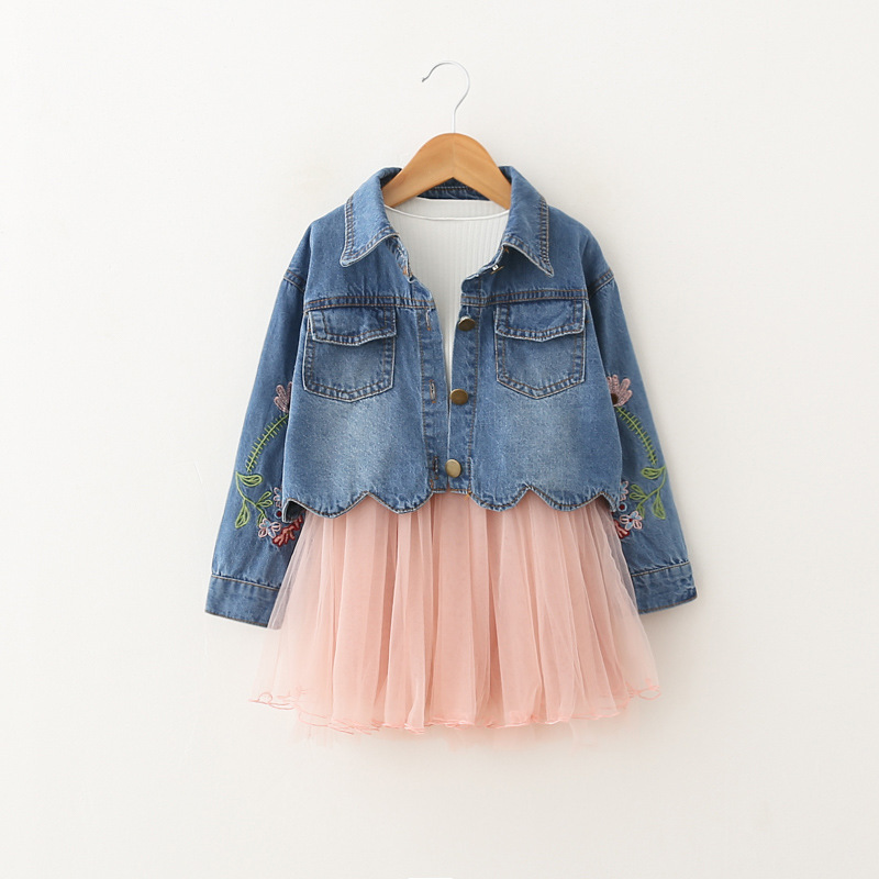Club Forest 子ども服 女の子 キッズ服 2点セット チュールワンピース Gジャン デニムジャケット ペアセット 上着セット スカラップカット ボタン 前開き 長袖 春 コーディネート一式 ボートネック 膝上丈 ミディアム丈 ショート丈 刺繍 お花 フラワー 柄 切り替え式