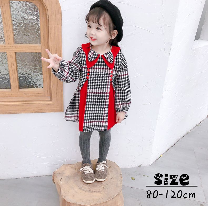 Club Forest ワンピース キッズ ベビー 子供服 裏起毛 裏ボア こども服 長袖 チェック バルーンスリーブ 襟付き バルーン袖 可愛い 女の子 女児 80 90 100 110 1